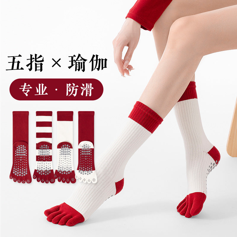 Women's Five-Toe Yoga Pilates Socks Non-Slip Mid-Calf Athletic Socks for Indoor Floor Exercise