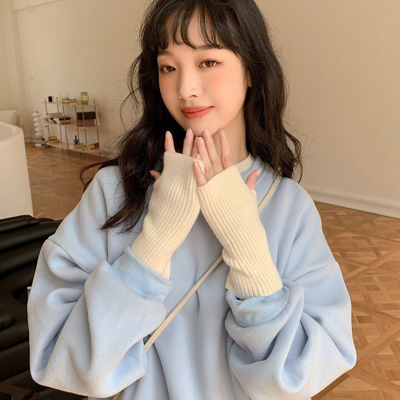 Korean Ins Style Winter Knitted Fingerless Gloves for Women, Thickened Warm Touchscreen Half-Finger Gloves