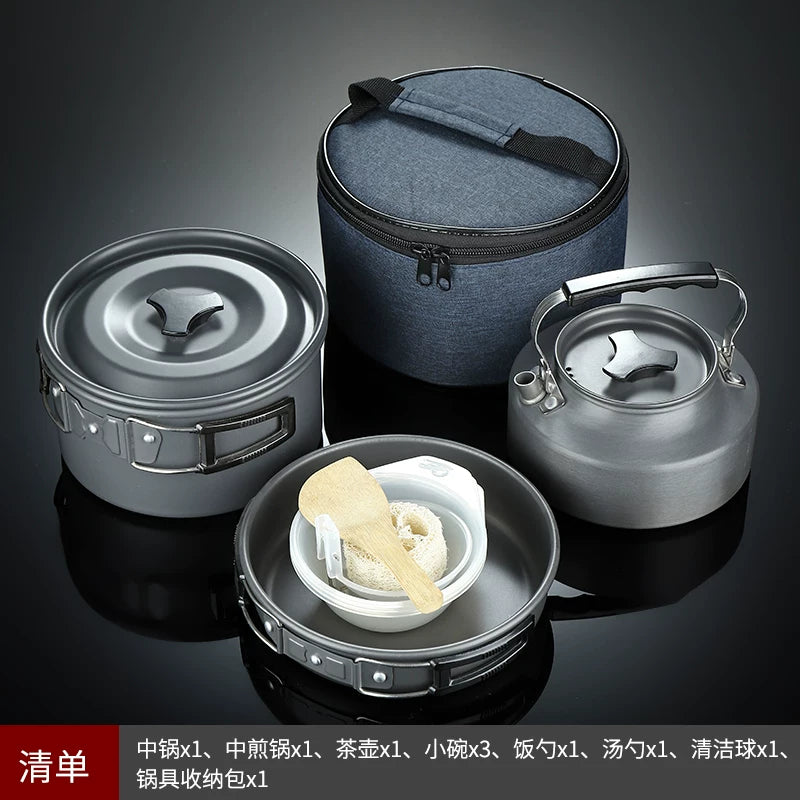 Portable Aluminum Camping Cookware Set with Kettle for Outdoor Cooking