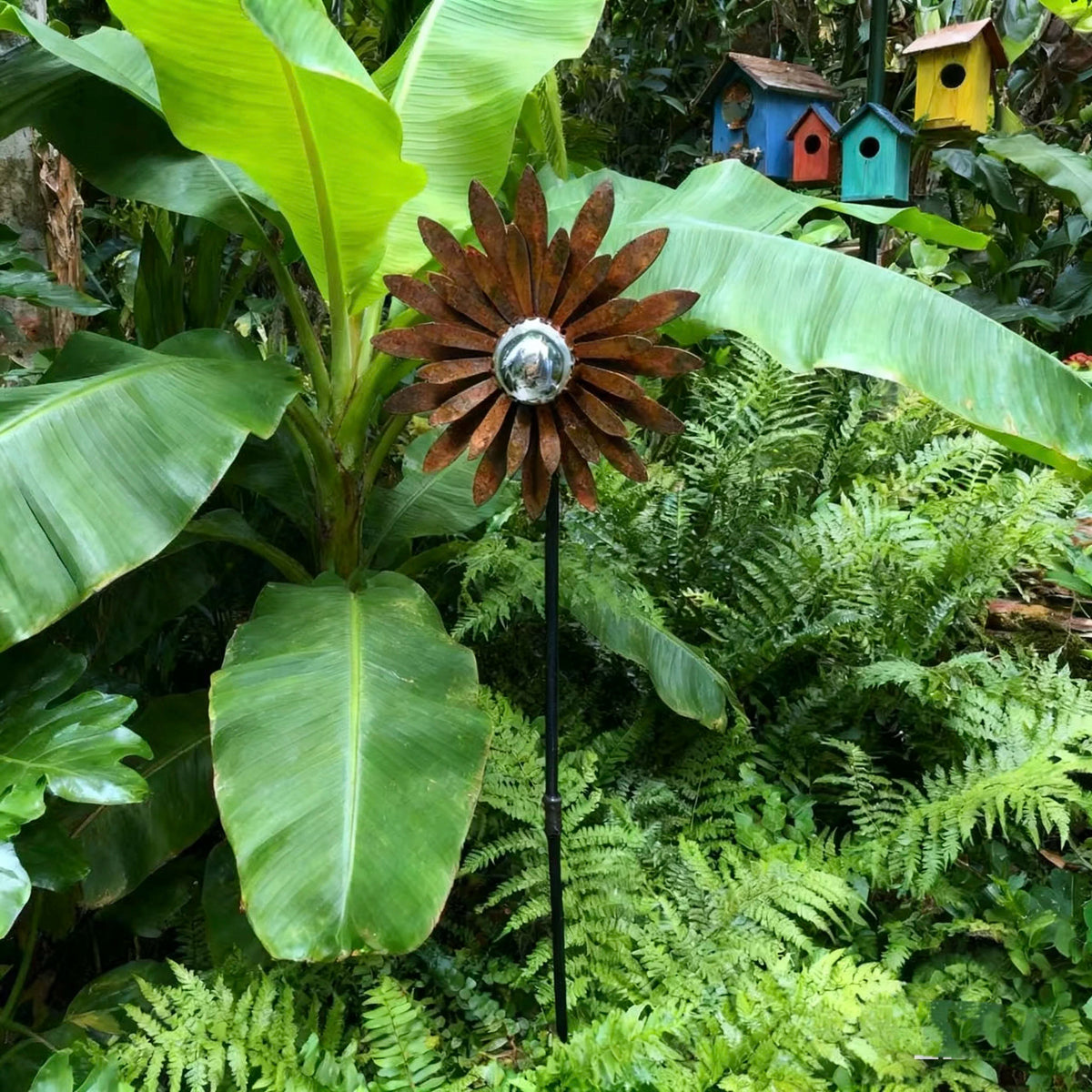 Outdoor Rusty Metal Flower Garden Stakes with Stainless Steel Ball, Flame Flower Yard Art Decor