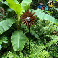 Outdoor Rusty Metal Flower Garden Stakes with Stainless Steel Ball, Flame Flower Yard Art Decor