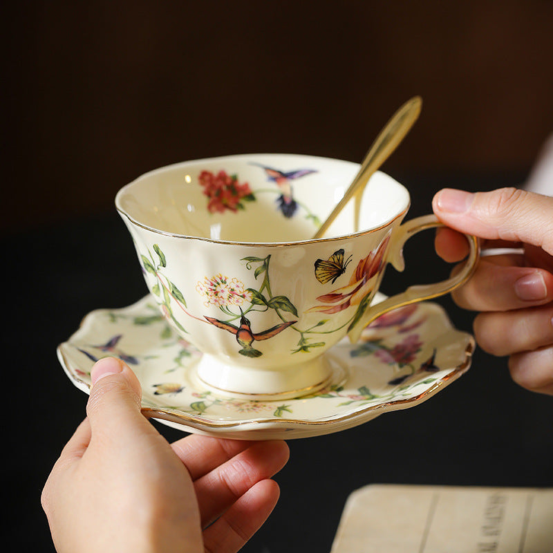 Vintage Floral Bird Coffee Cup and Saucer Set with Gold Trim, Ceramic Afternoon Tea Mug