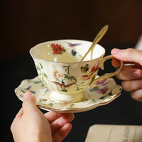 Vintage Floral Bird Coffee Cup and Saucer Set with Gold Trim, Ceramic Afternoon Tea Mug
