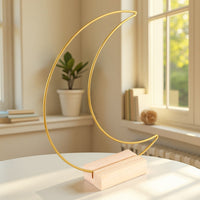 Moon-shaped Metal Dream Catcher Hoop with Wooden Base for Table Centerpiece Decor
