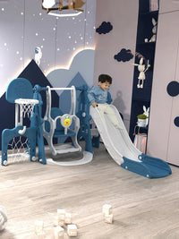 Kids Indoor Outdoor Slide and Swing Set with Basketball Hoop and Soccer Goal
