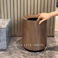 Walnut Wood Grain Double-Layer 12L Trash Can for Living Room Bedroom