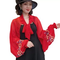 Embroidered Chiffon Sun Protection Shawl with Tie Cuffs