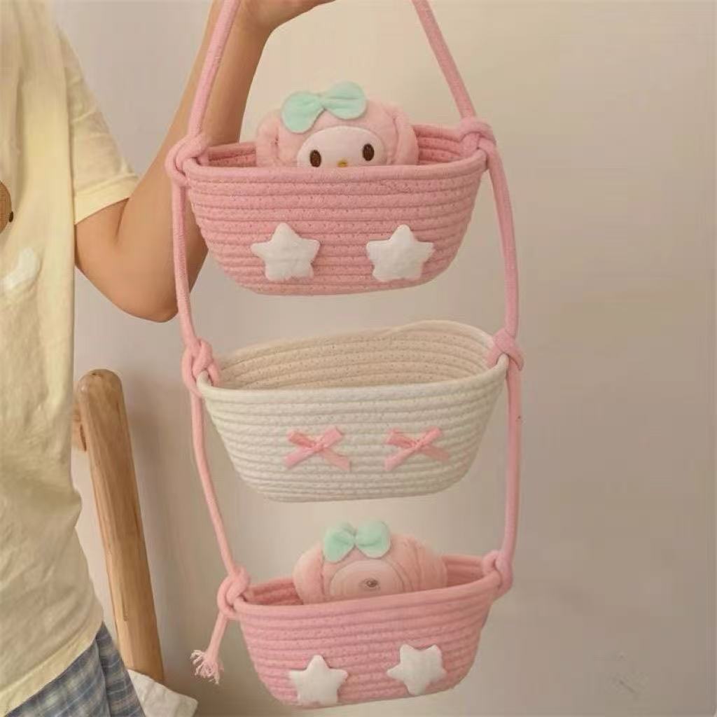 Cartoon Cotton Rope Woven Wall Hanging Storage Basket for Dorm Room, Bedroom, Home Use