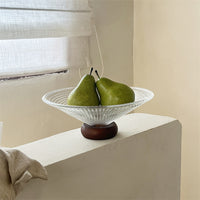 Square Grid Wooden Base Glass Fruit Bowl for Living Room Coffee Table, Decorative Fish Tank, Snack Plate, Fruit Basket