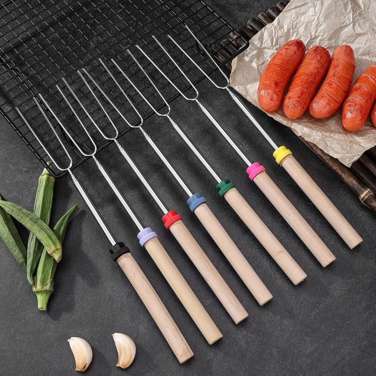 Outdoor Telescopic BBQ Fork Stainless Steel U-shaped Roasting Tool Wooden Handle Barbecue Skewer Set