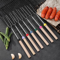 Outdoor Telescopic BBQ Fork Stainless Steel U-shaped Roasting Tool Wooden Handle Barbecue Skewer Set