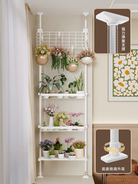Tension Rod Plant Stand with Adjustable Shelves and Baskets for Balcony Living Room
