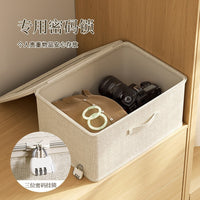 Foldable Cotton Linen Storage Box with Lid and Optional Combination Lock, Large Capacity Home Organizer Bin