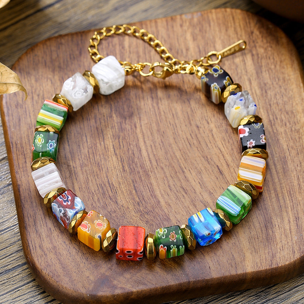 Elegant Millefiori Glass Bead Flower Bracelet for Women, Adjustable Stainless Steel Chain