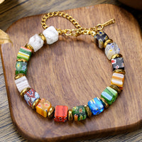 Elegant Millefiori Glass Bead Flower Bracelet for Women, Adjustable Stainless Steel Chain