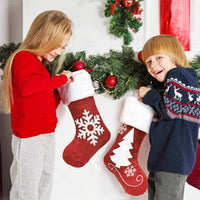 Christmas Stockings with Embroidered Reindeer and Snowflake Designs, Red and White Holiday Gift Bags