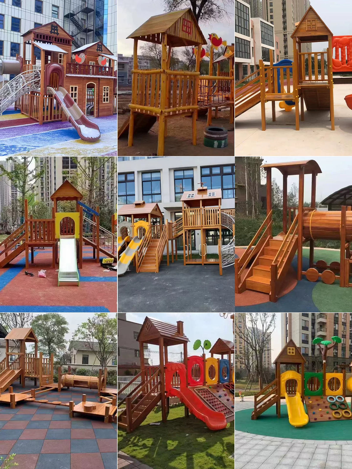 Outdoor Wooden Climbing Frame with Slide, Swing, and Tunnel for Kids