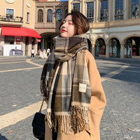 Korean Style Plaid Scarf for Women, Thickened Warm Imitation Cashmere Shawl with Tassels