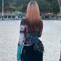 Women's European Style Mesh Print Long Sleeve T-Shirt