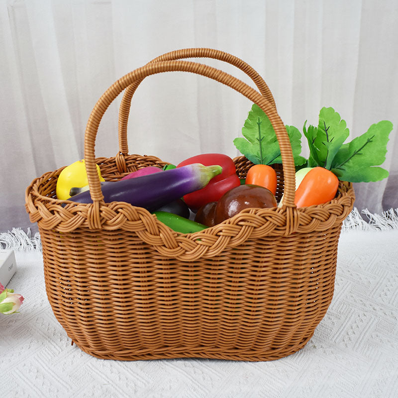 Hand-Woven Rattan Style Picnic Basket with Handle, Rectangular Fruit and Vegetable Storage Basket for Outdoor Use
