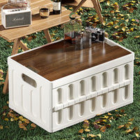 Outdoor Camping Storage Box with Wooden Lid - Foldable Car Trunk Organizer & Picnic Basket with Handle