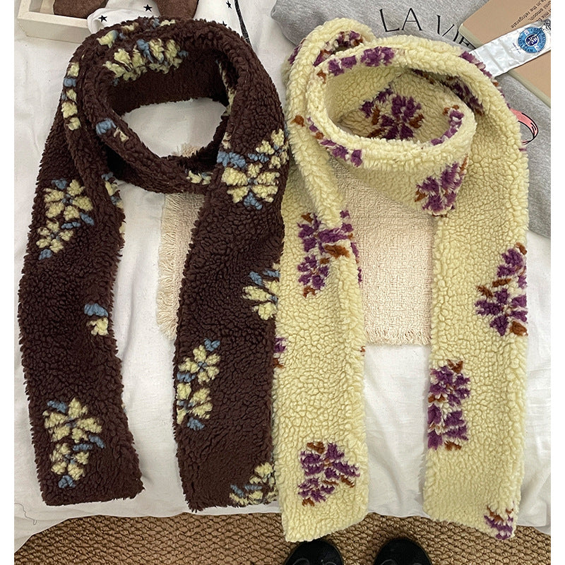 Korean Lambswool Floral Scarf for Winter Warmth and Wind Protection