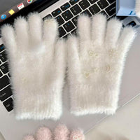 Women's Plush Faux Mink Five-Finger Touchscreen Gloves for Winter