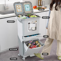 Large Capacity Kitchen Trash Can with Wheels, Multi-layer, Tall, No Bending, Japanese Style Storage Rack with Lid