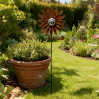 Outdoor Rusty Metal Flower Garden Stakes with Stainless Steel Ball, Flame Flower Yard Art Decor