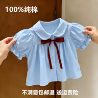 Girls' 100% Cotton Peter Pan Collar Puff Sleeve Bow Blouse