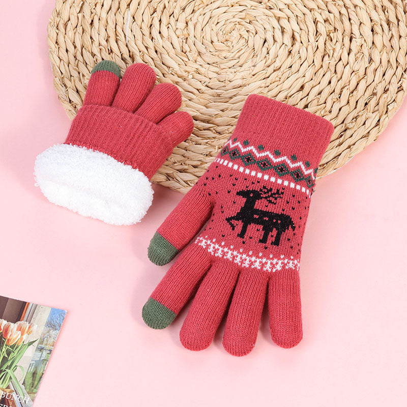 Winter Knitted Deer Pattern Touchscreen Gloves for Men and Women, Double-Layer Plush Lined Warm Cycling Gloves