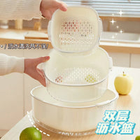 Multifunctional PET Drain Basket Set for Kitchen, Double-Layer Vegetable and Fruit Washing Baskets, Transparent