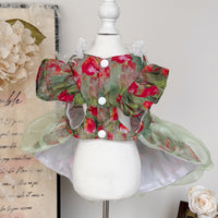 Handmade Pet Princess Dress with Floral Design for Cats and Dogs, Red and Green