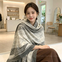 Oversized Vintage Style Sun Protection Shawl Scarf for Women, Gray Geometric Pattern Long Silk Scarf