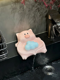 Cute Piggy Ceramic Soap Dish with Drainage for Bathroom and Shower