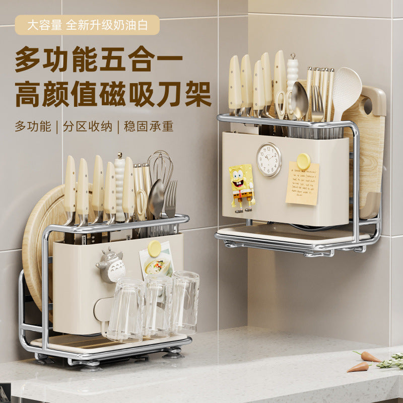 Magnetic Knife Block & Chopping Board Holder, Multifunctional Kitchen Organizer Rack with Utensil Storage