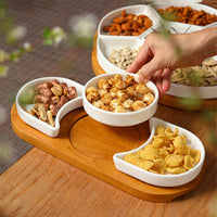 Ceramic Divided Snack Platter with Wooden Base for Nuts, Candies, and Appetizers