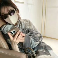 Oversized Vintage Style Sun Protection Shawl Scarf for Women, Gray Geometric Pattern Long Silk Scarf