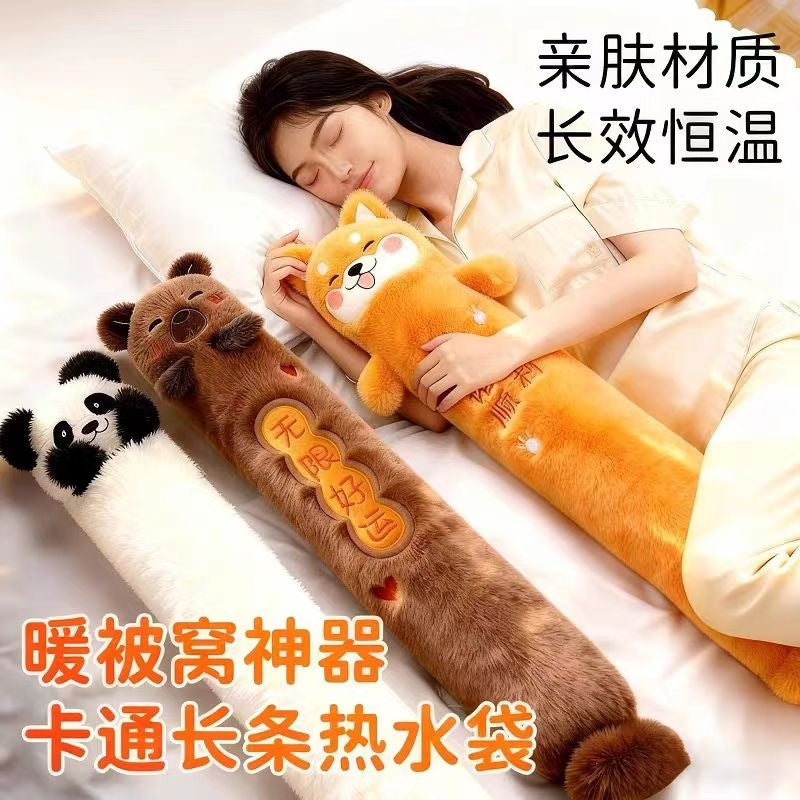 Long Hot Water Bottle with Plush Cover for Bed Warming and Pain Relief