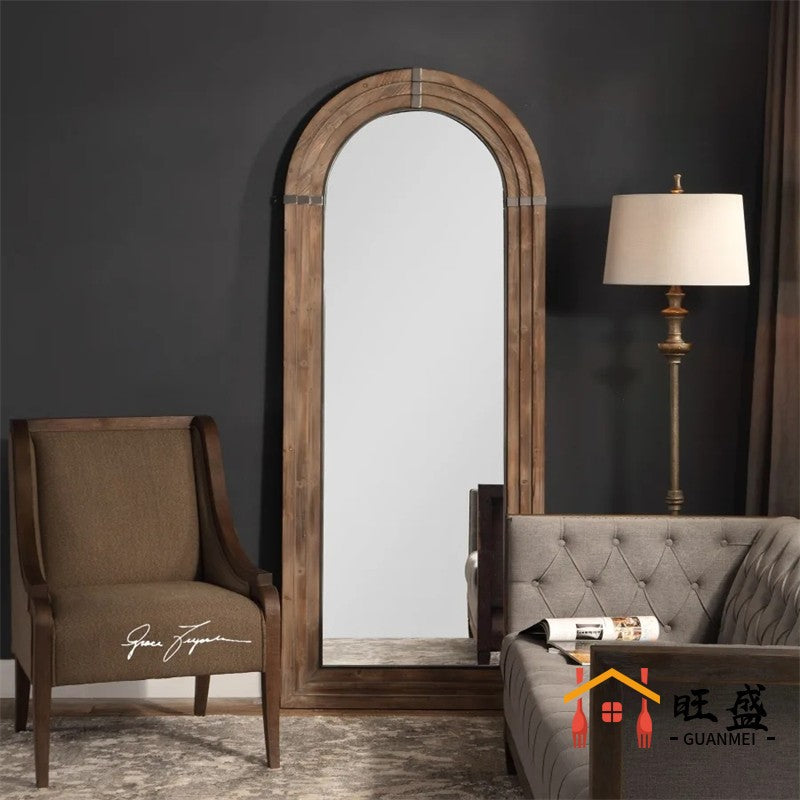 Arched Full-Length Mirror for Bedroom Living Room, Wall-Mounted or Freestanding Dressing Mirror, New Chinese Rustic American Style