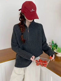 Women's Korean Style High-Neck Half-Zip Knitted Sweater