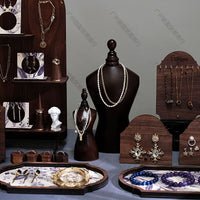 Vintage Walnut Wood Jewelry Display Stand Set for Earrings, Necklaces, Bracelets, and Rings