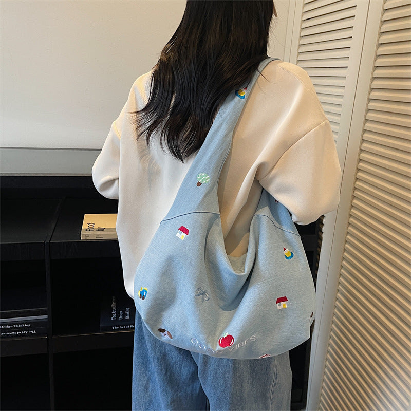 Large Capacity Canvas Tote Bag for Women - Embroidered Denim Crossbody Shoulder Bag with Zipper Closure