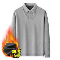 Men's Faux Two-Piece Shirt Collar Sweater with Fleece Lining, Thickened Warm Knitted Base Layer
