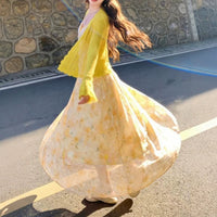 Korean Style Yellow Lace Floral Sundress with Cardigan Set for Spring/Summer