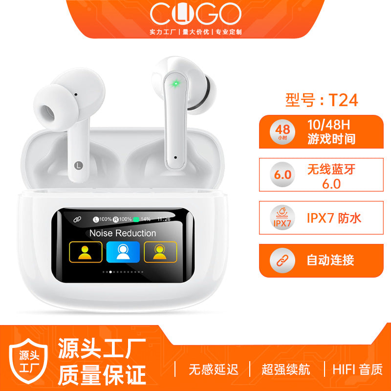 T24 Smart Full-Color Touchscreen Bluetooth Earbuds with Noise Cancellation and Long Battery Life