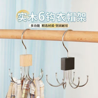Multi-functional Wooden Scarf and Tie Hanger with 6 Hooks for Closet Organization