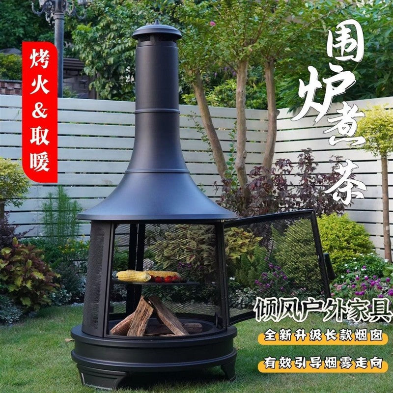 Outdoor Folding Fire Pit with Chimney and Rain Cover for Camping and Patio Heating