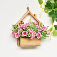 Wooden House Shaped Wall Decor with Artificial Flowers