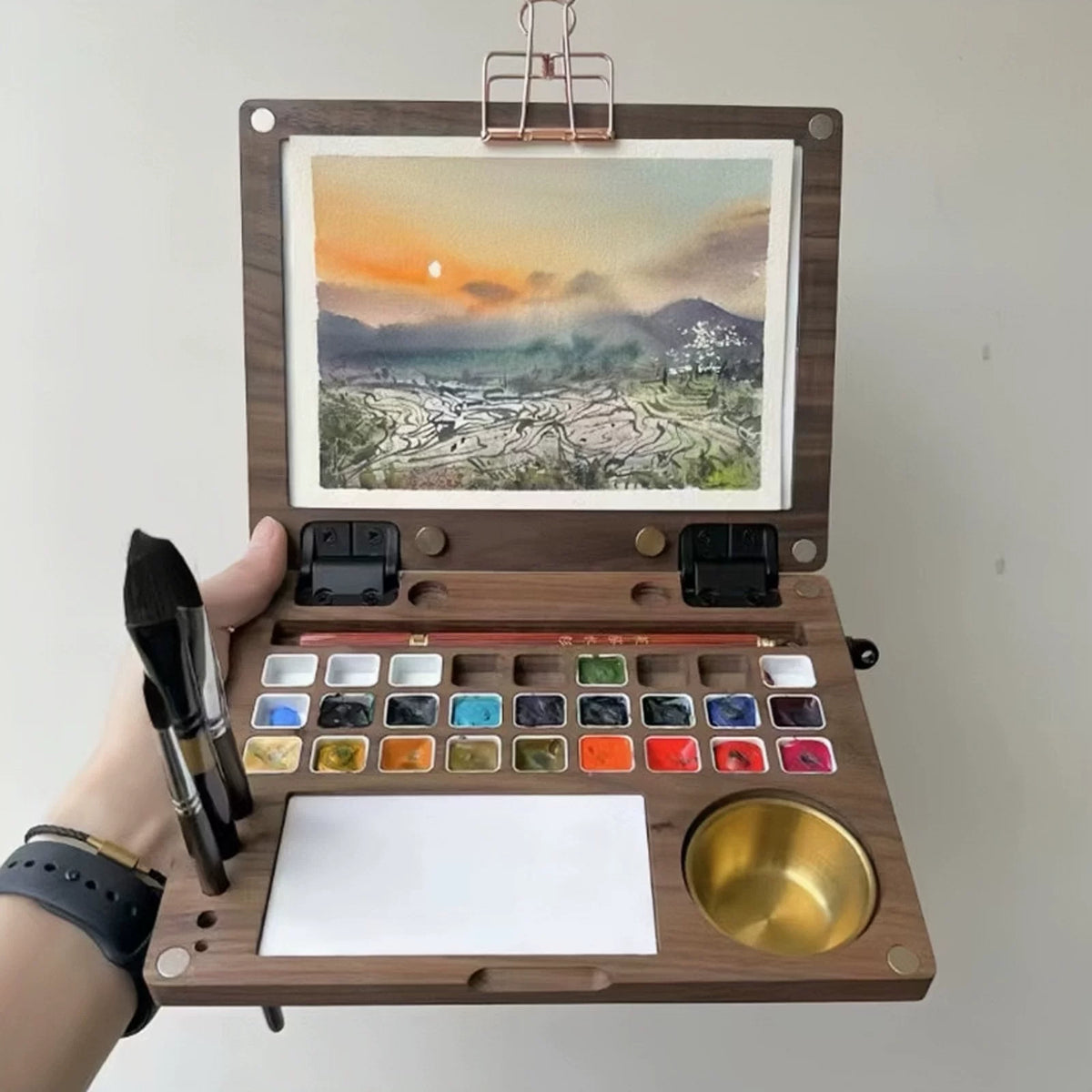 Black Walnut Foldable Wooden Palette for Outdoor Sketching Oil Watercolor Painting
